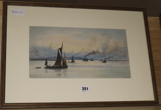 William Stephen Tomkin (1861-1940) watercolour, The Thames Estuary, signed, 19 x 36cm